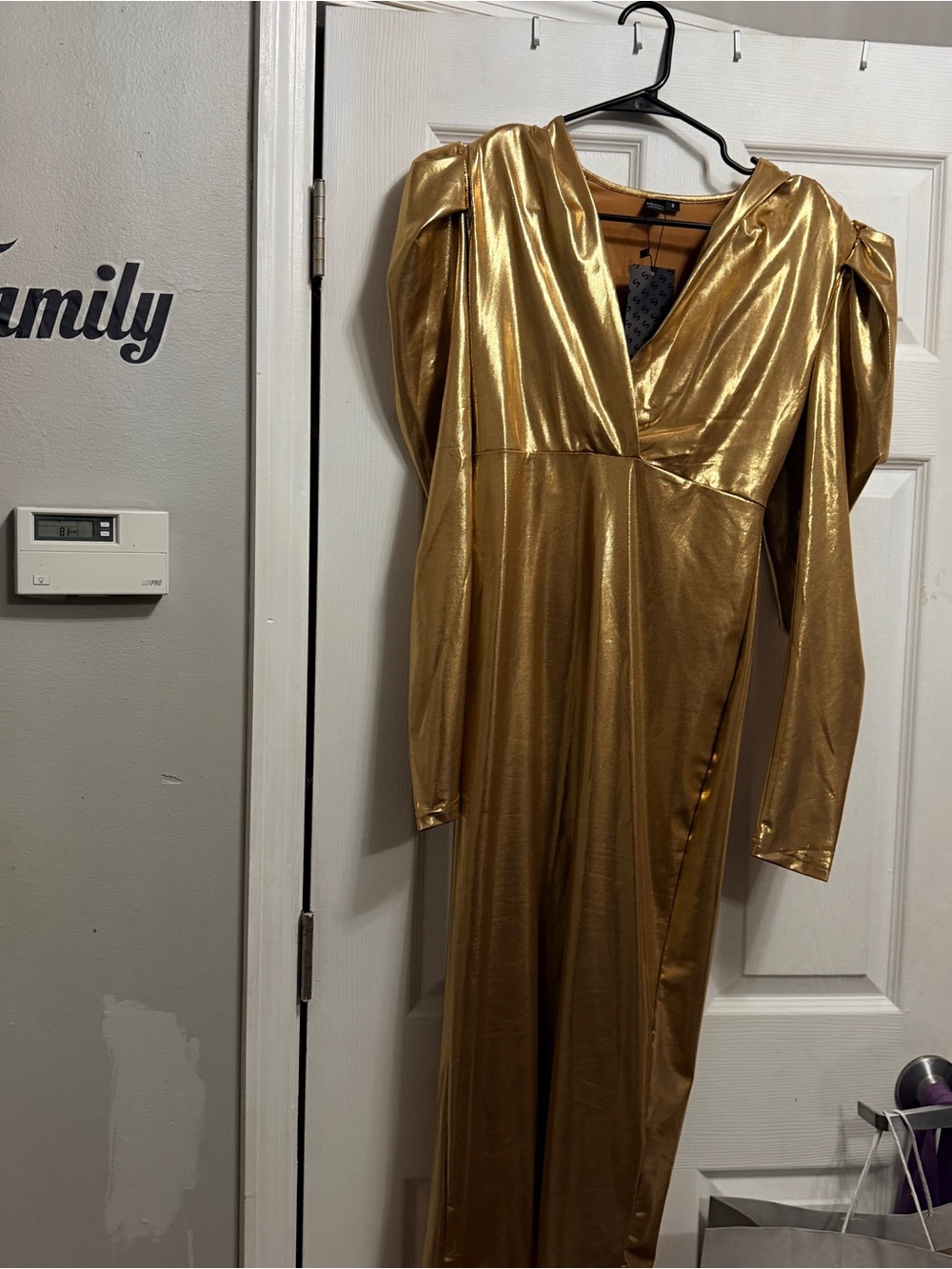 SHEIN Gold Metallic Long Sleeve V-Neck Gown